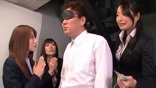 Asian boss gets his dick pleasured by his sexy coworkers. HD